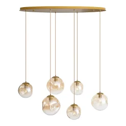 Suspension Art Déco Laiton avec Plaque de Plafond Ovale et Verre Ambré 6 Lumières - Douglass