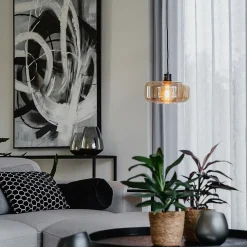 Suspension Art Déco noire avec verre ambre - Bizle