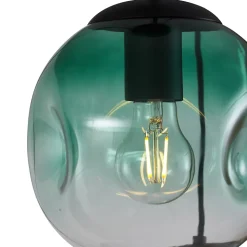 Suspension Art Déco Noire avec Plaque de Plafond Ovale et Verre Vert et Bleu 6 Lumières - Douglass