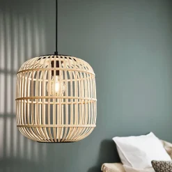 Suspension bambou et métal noir E27 28W Ø34 x H.110cm Eglo, Hanoi