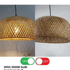 Suspension Circulaire en Rotin et Bambou 38cmx20cm Double Abat-Jour, Style Naturel Minimaliste Noir E27