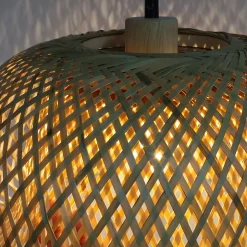 Suspension Circulaire en Rotin et Bambou 38cmx20cm Double Abat-Jour, Style Naturel Minimaliste Noir E27