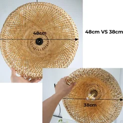 Suspension Circulaire en Rotin et Bambou 38cmx20cm Double Abat-Jour, Style Naturel Minimaliste Noir E27