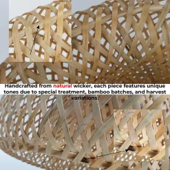 Suspension Circulaire en Rotin et Bambou 38cmx20cm Double Abat-Jour, Style Naturel Minimaliste Noir E27