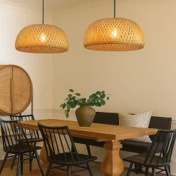 Suspension Circulaire en Rotin et Bambou 38cmx20cm Double Abat-Jour, Style Naturel Minimaliste Noir E27