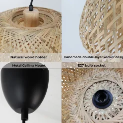 Suspension Circulaire en Rotin et Bambou 38cmx20cm Double Abat-Jour, Style Naturel Minimaliste Noir E27