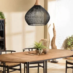 Suspension "cloche" 68x68cm en rotin couleur noire et teck