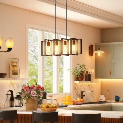 Suspension design 4 lumières cadres rotatifs - hauteur réglable - acier noir bois coloris noyer