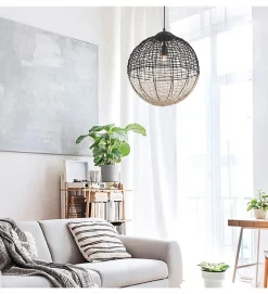 Suspension design Eros 130cm réglable métal noir et rotin LED