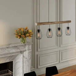Suspension en bois et métal 4 lampes - Clotilde