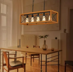Suspension en Bois et Métal 5 Lumières de Style Vintage PANDORA - 5xE27 pour Salle à Manger et Cuisine.