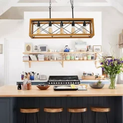 Suspension en Bois et Métal 5 Lumières de Style Vintage PANDORA - 5xE27 pour Salle à Manger et Cuisine.