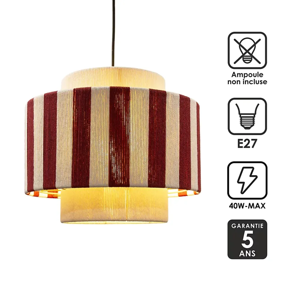 Suspension en corde de coton rayée E27 40W blanc et rouge Ø38 cm Jumell Moyo