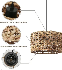 Suspension en Rotin Naturel 28 cm Style Rustique Bohème, Compatible avec Ampoule E27