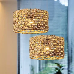 Suspension en Rotin Naturel 30cm Style Rustique Bohème, Compatible avec Ampoule E27