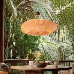 Suspension en rotin noir tressé à la main, design géométrique, style naturel boho, douille E27 pour salon ou salle à manger 61 cm