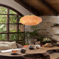 Suspension en rotin noir tressé à la main, design géométrique, style naturel boho, douille E27 pour salon ou salle à manger 61 cm