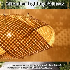 Suspension en rotin noir tressé à la main, design géométrique, style naturel boho, douille E27 pour salon ou salle à manger 61 cm