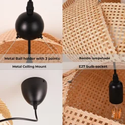 Suspension en rotin noir tressé à la main, design géométrique, style naturel boho, douille E27 pour salon ou salle à manger 61 cm