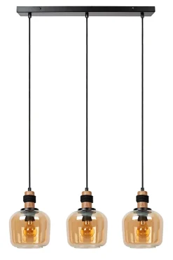 Suspension en verre 3 lampes E27 120W noir et ambre L.70 x l.18 x H.150 cm Lucide Ilona