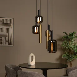 Suspension en verre 4 lampes E27 240 W noir et or Ø65 x H.150 cm Lucide Joanet tube