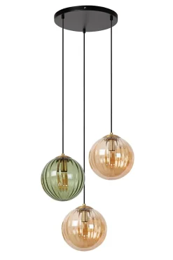 Suspension en verre 3 lampes E27 120 W ambre et vert Ø35 x H.150 cm Lucide Monsaraz