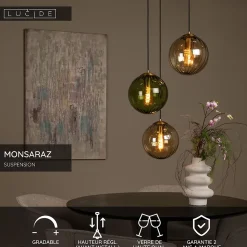 Suspension en verre 3 lampes E27 120 W ambre et vert Ø35 x H.150 cm Lucide Monsaraz