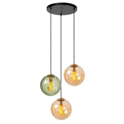 Suspension en verre 3 lampes E27 120 W ambre et vert Ø35 x H.150 cm Lucide Monsaraz