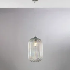 Suspension Krizia fer blanc, câble réglable, verre soufflé transparent décor surélevé, 1 lumière, design classique