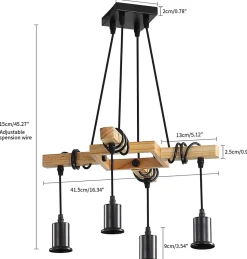Suspension Luminaire Vintage Industriel Réglable en Bois E27, 4 Ampoules NON INCLUSES