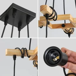 Suspension Luminaire Vintage Industriel Réglable en Bois E27, 4 Ampoules NON INCLUSES