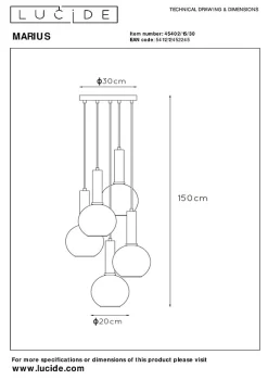 Suspension MARIUS en verre avec 5xE27 - Noir - Lucide