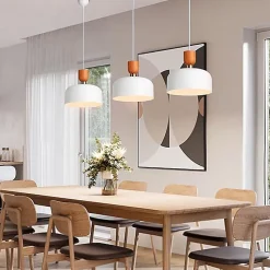 Suspension Moderne Nordique 30cm Métal Blanc Effet Bois, Hauteur Réglable, Douille E27, Cuisine ou Salle à Manger