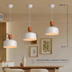 Suspension Moderne Nordique 30cm Métal Blanc Effet Bois, Hauteur Réglable, Douille E27, Cuisine ou Salle à Manger