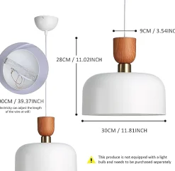 Suspension Moderne Nordique 30cm Métal Blanc Effet Bois, Hauteur Réglable, Douille E27, Cuisine ou Salle à Manger