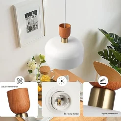 Suspension Moderne Nordique 30cm Métal Blanc Effet Bois, Hauteur Réglable, Douille E27, Cuisine ou Salle à Manger