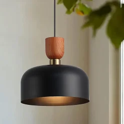 Suspension Moderne Nordique 30cm Métal Noir Effet Bois, Hauteur Réglable, Douille E27, Cuisine ou Salle à Manger