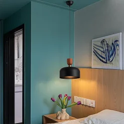 Suspension Moderne Nordique 30cm Métal Noir Effet Bois, Hauteur Réglable, Douille E27, Cuisine ou Salle à Manger