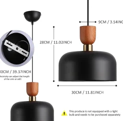 Suspension Moderne Nordique 30cm Métal Noir Effet Bois, Hauteur Réglable, Douille E27, Cuisine ou Salle à Manger