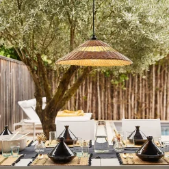 Suspension métal et rotin naturel E27 15W IP44 Esterel Ø56 x H.96 cm