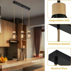Suspension NETTLIFE Lampe suspension vintage pour salon industrielle rétro en bois et corde de chanvre en métal noir 3 flammes E27