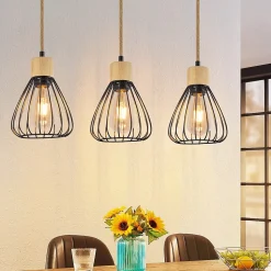 Suspension NETTLIFE Lampe suspension vintage pour salon industrielle rétro en bois et corde de chanvre en métal noir 3 flammes E27