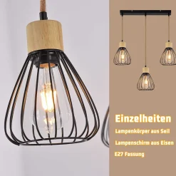 Suspension NETTLIFE Lampe suspension vintage pour salon industrielle rétro en bois et corde de chanvre en métal noir 3 flammes E27