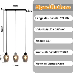 Suspension Nettlife noire pour table à manger - Lampe suspendue E27 à flamme unique en verre fumé vintage sans source lumineuse