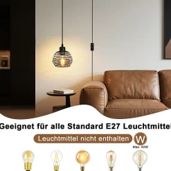 Suspension Nettlife Vintage 1 Ampoule : Suspension Industrielle Noire avec Câble de 4,5 m avec Prise et Interrupteur, Douille E27