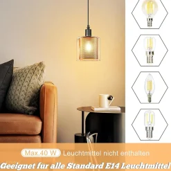 Suspension Nettlife Vintage 1 Ampoule : Suspension en Verre Doré avec Prise et Interrupteur Lampe Suspension E14 4,5 m Câble Métal