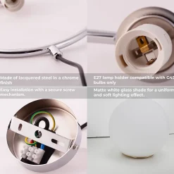 Suspension Plafonnier Nordique, Aluminium Chromé, Abat-jour Boule en Verre E27, Idéale pour Salon et Salle à Manger