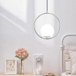 Suspension Plafonnier Nordique, Aluminium Chromé, Abat-jour Boule en Verre E27, Idéale pour Salon et Salle à Manger