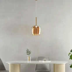 Suspension raffinée cloche dorée verre ambré LED intégrée - Eriska