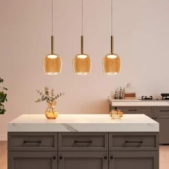 Suspension raffinée cloche dorée verre ambré LED intégrée - Eriska